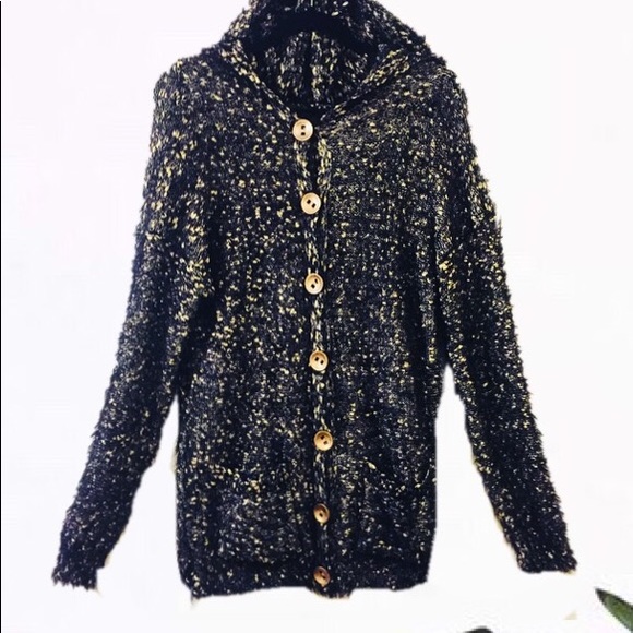 Fù Záde Sweaters - Eyelash Metallic Gold Yarn Knit Cardigan